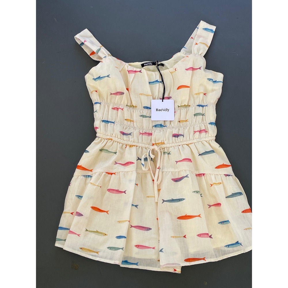 Baevely Women Sardine Fish Print Smocked Romper Cream Sleeveless Pockets M NEW